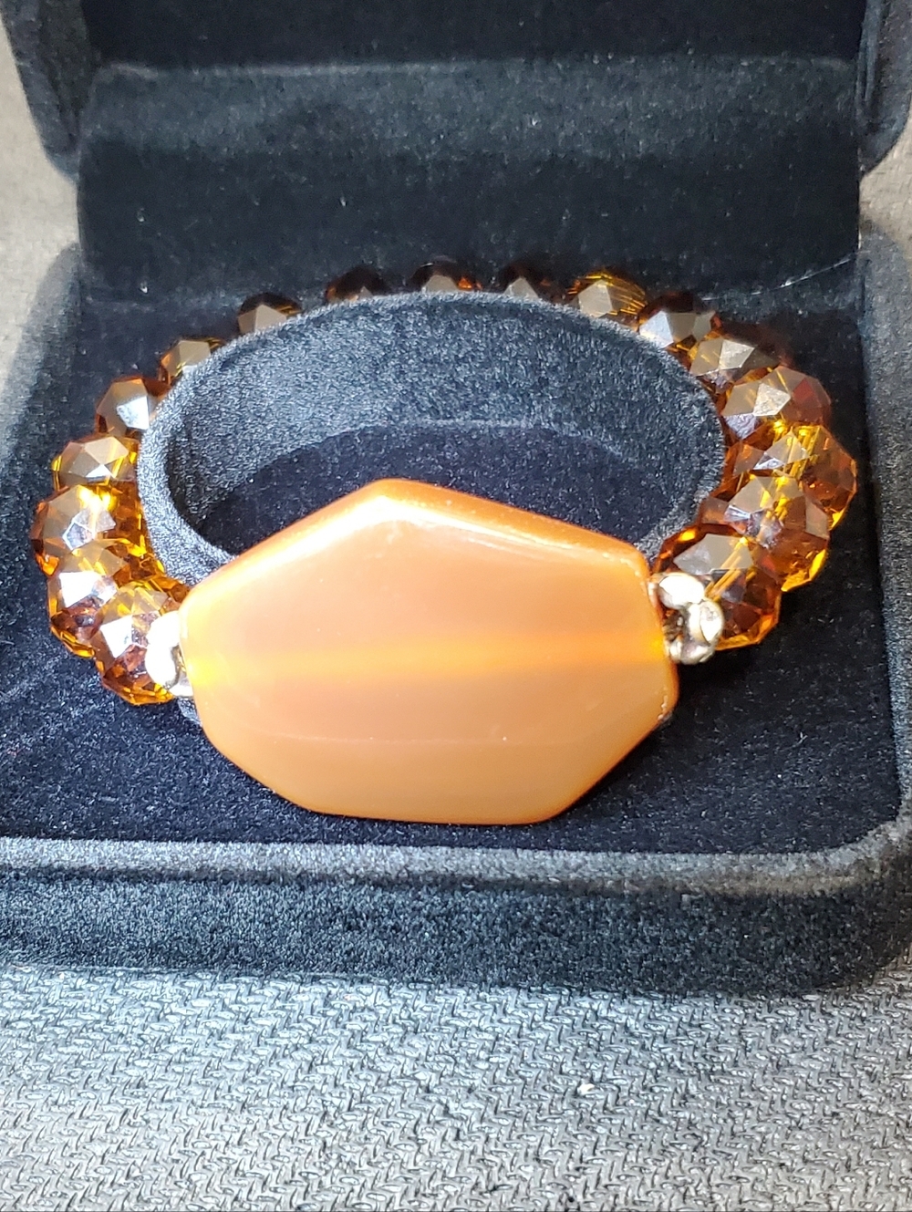 Vtg. Natural Carnelian & Amber Glass Beaded Stretch Bracelet